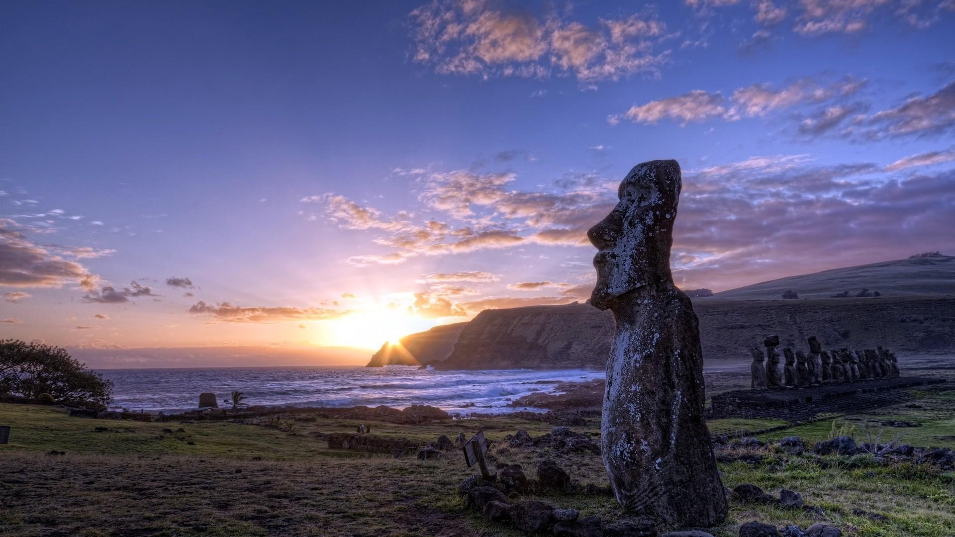 nature sunset landscape statue moai easter island wallpaper