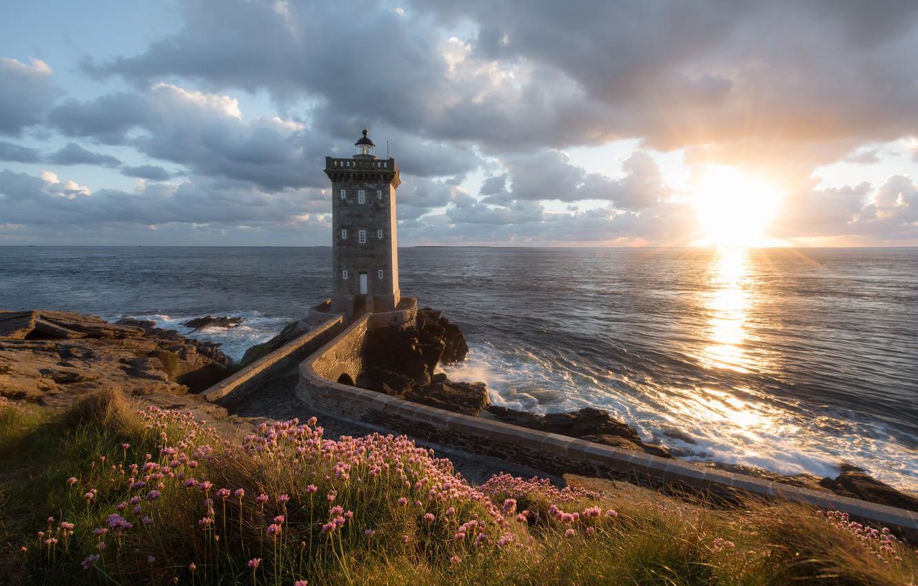 Wallpaper sunset, flowers, the ocean, coast, France, lighthouse