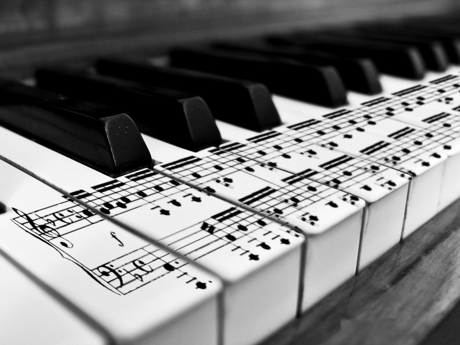 Music Notes On Piano Keyboard Close Up. Instruments Gear