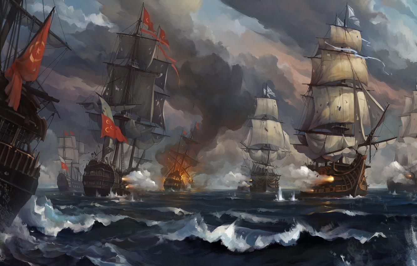 Wallpaper The ocean, Sea, Figure, Fire, Battle, Sailboats, Ships