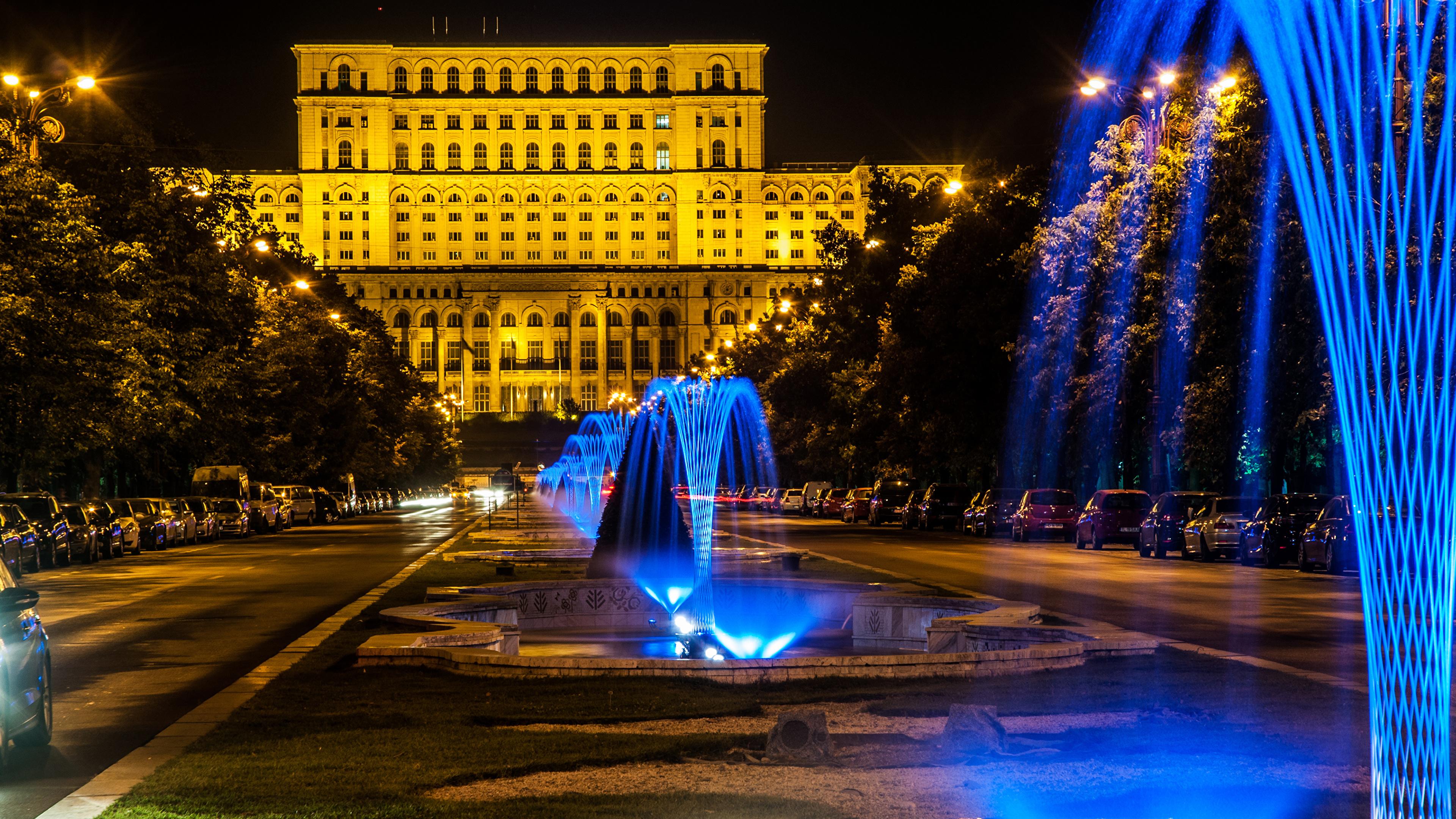 Image Romania Fountains Bucharest night time Cities Houses 3840x2160