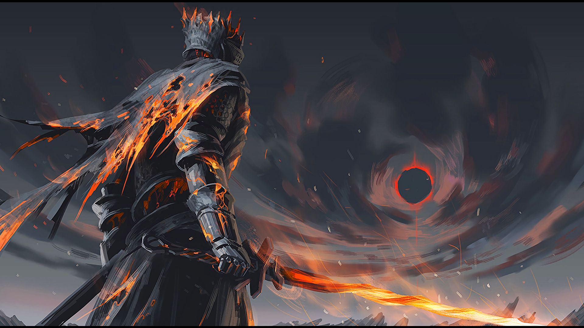 Download wallpaper wallpaper, fire, battlefield, red, flame, sword, gun,  blood, section shonen in resolution 1024x600