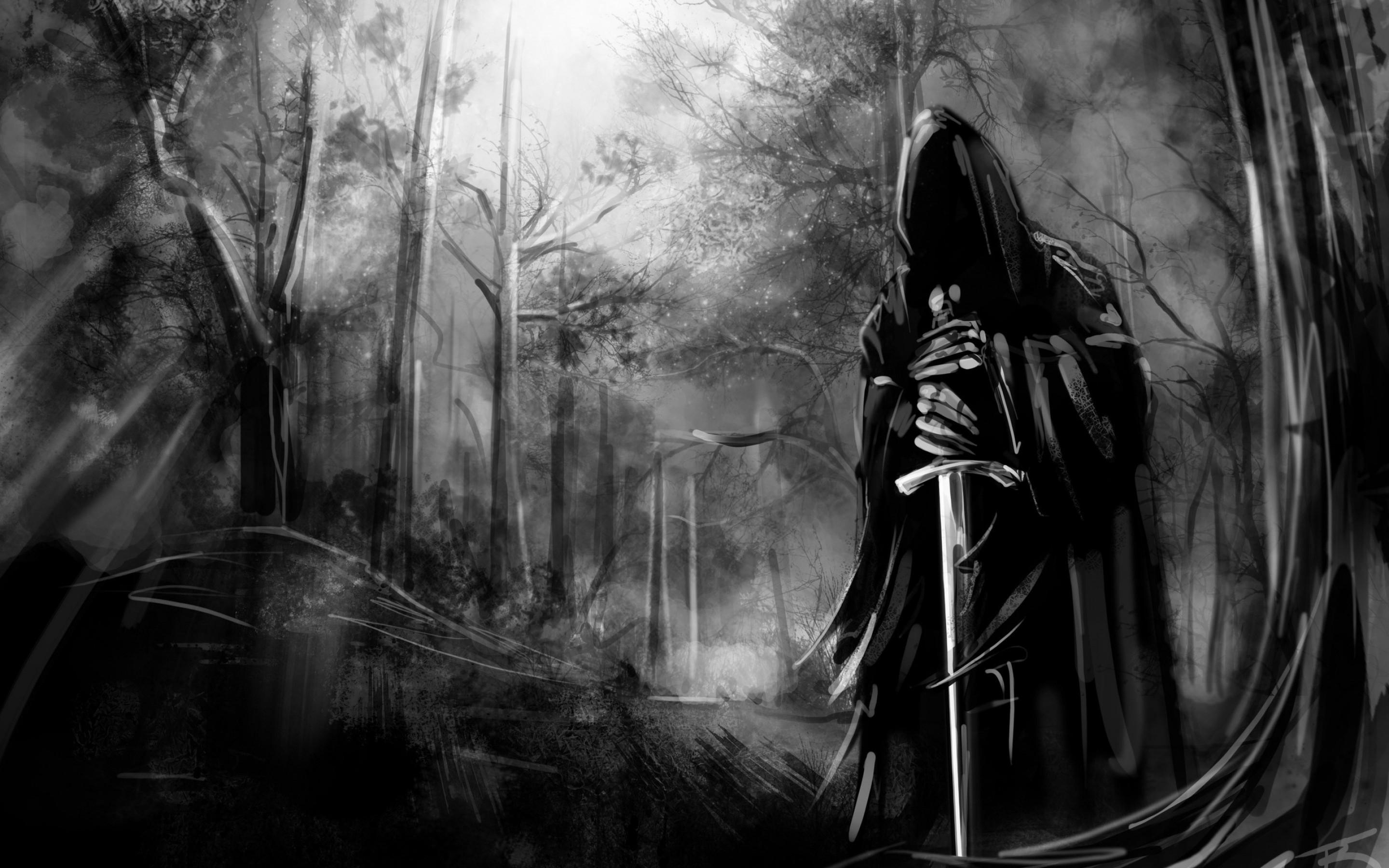 Download 2880x1800 Dark Forest, Black And White, Sword, Scary