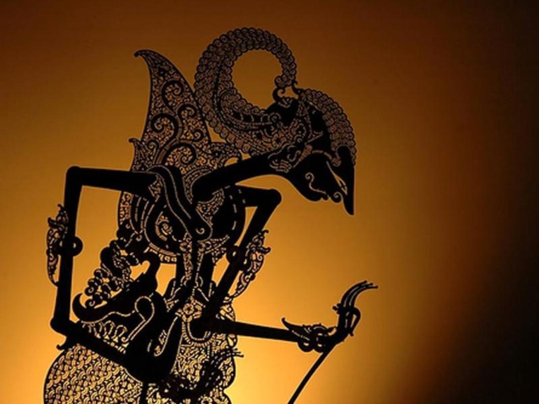  A black shadow puppet of Arjuna, Bima, Karna, and Duryodhana from the Hindu epic Mahabharata.