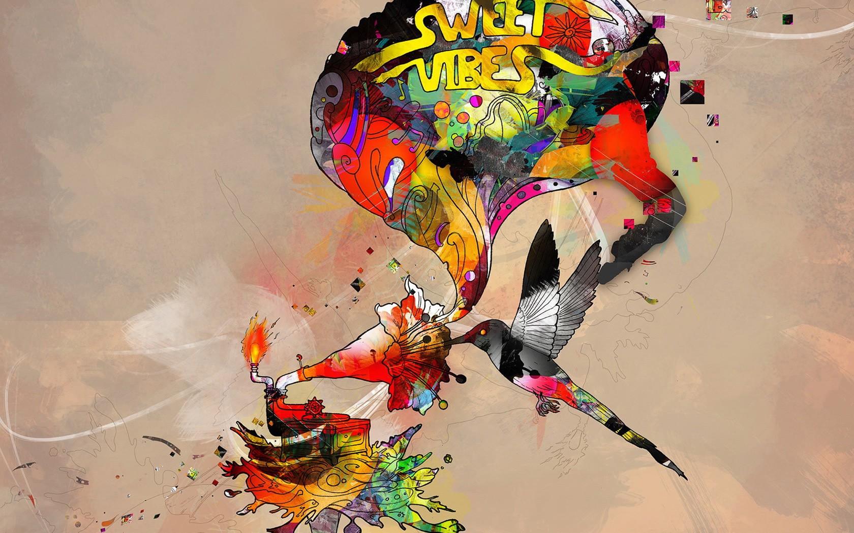 Art psychedelic music text birds wallpaperx1050