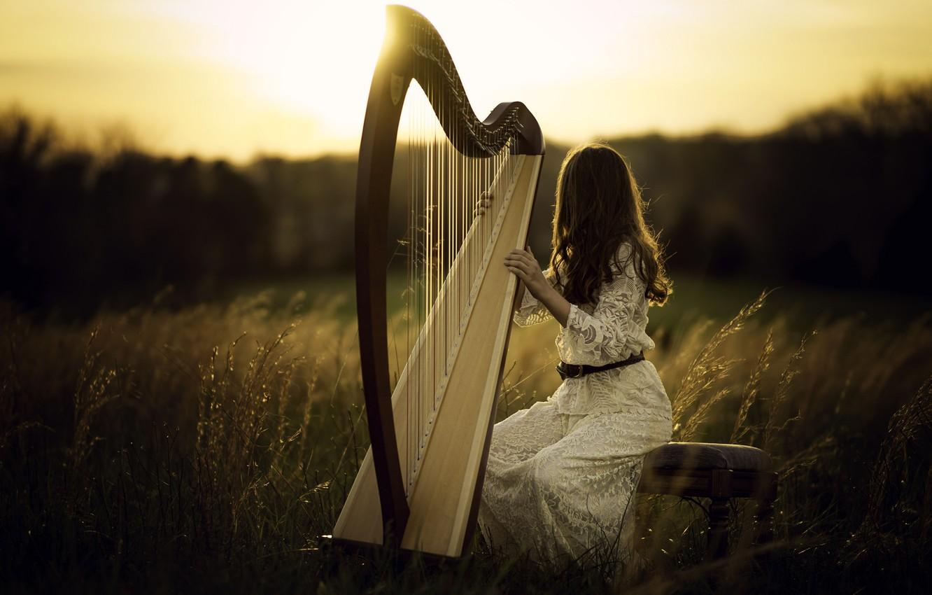 Wallpaper girl, light, harp image for desktop, section музыка