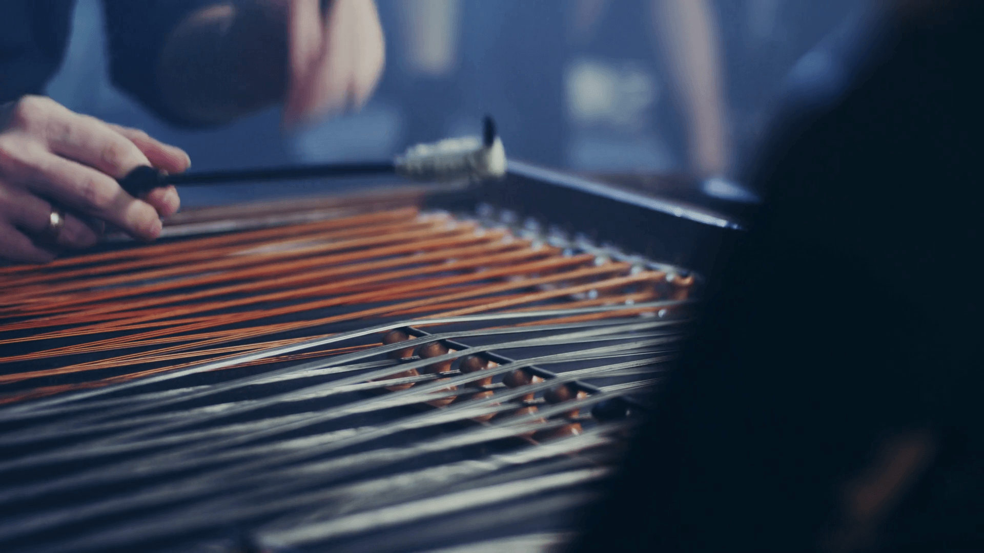 Cimbalom string music instrument. Close up of cimbalom string. Male