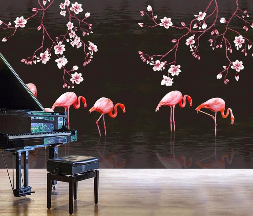 Beibehang Custom Wallpaper Hand Painted Magnolia Flamingo TV