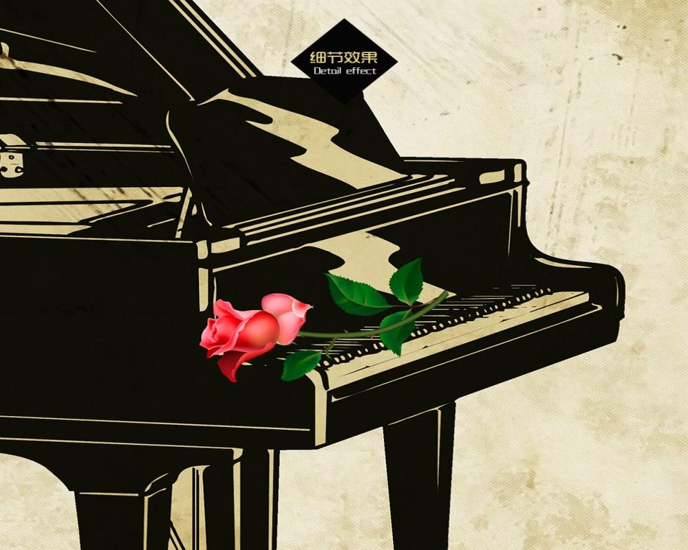 Free Shipping Custom 3D Music Bar Wallpaper Rose Piano Retro