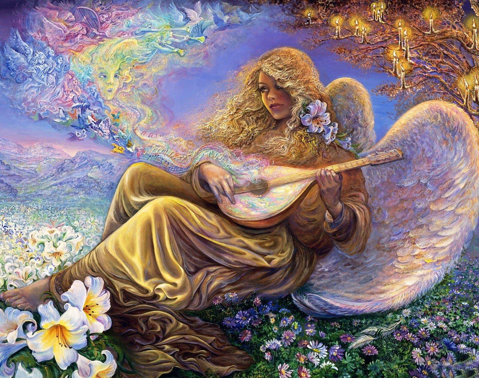 Angel playing Lute in Flower Field Wallpaper
