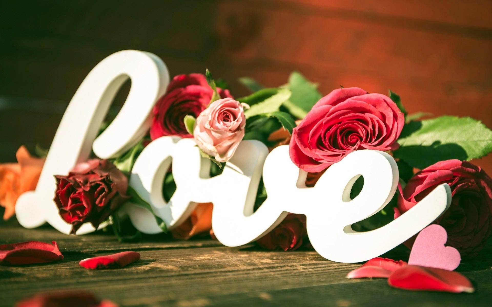 Love cursive write with pink and red rose flowers. HD Wallpaper Rocks