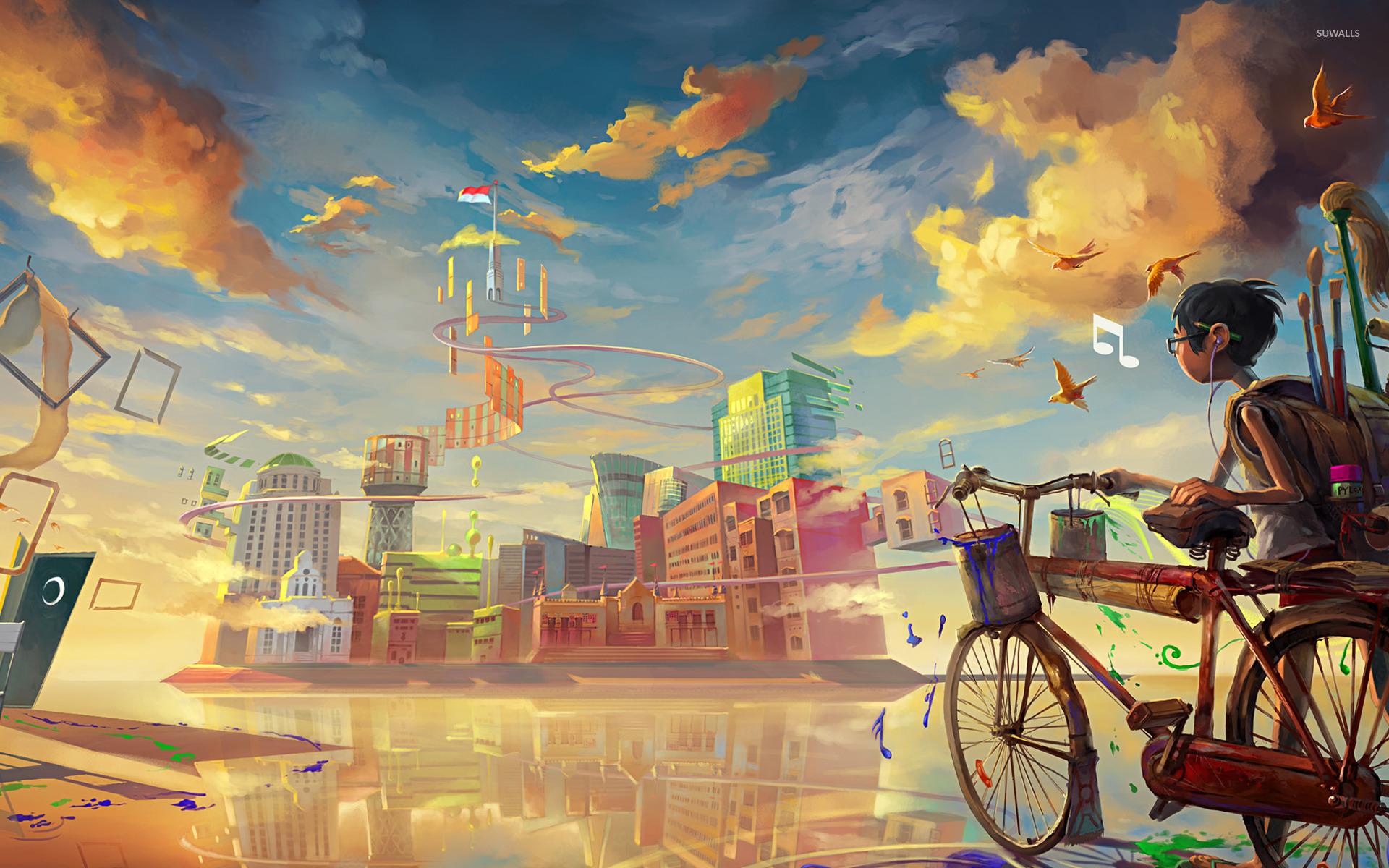 Boy entering colorful city by bike wallpaper wallpaper