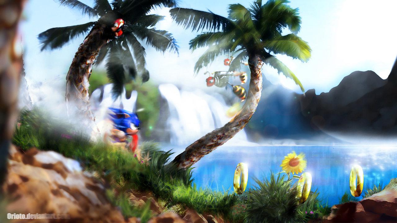 Download Green Hill Zone With Coconut Trees Wallpaper