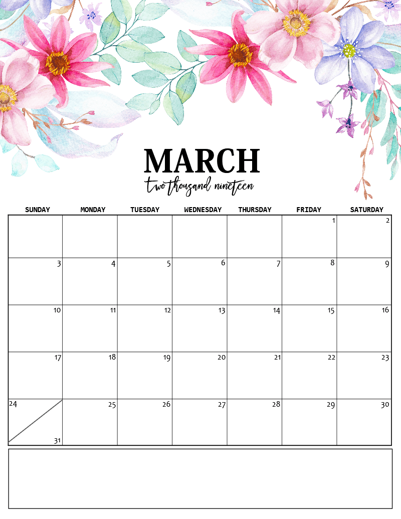 Cute March 2019 Calendar Printable HD Wallpaper Floral Design