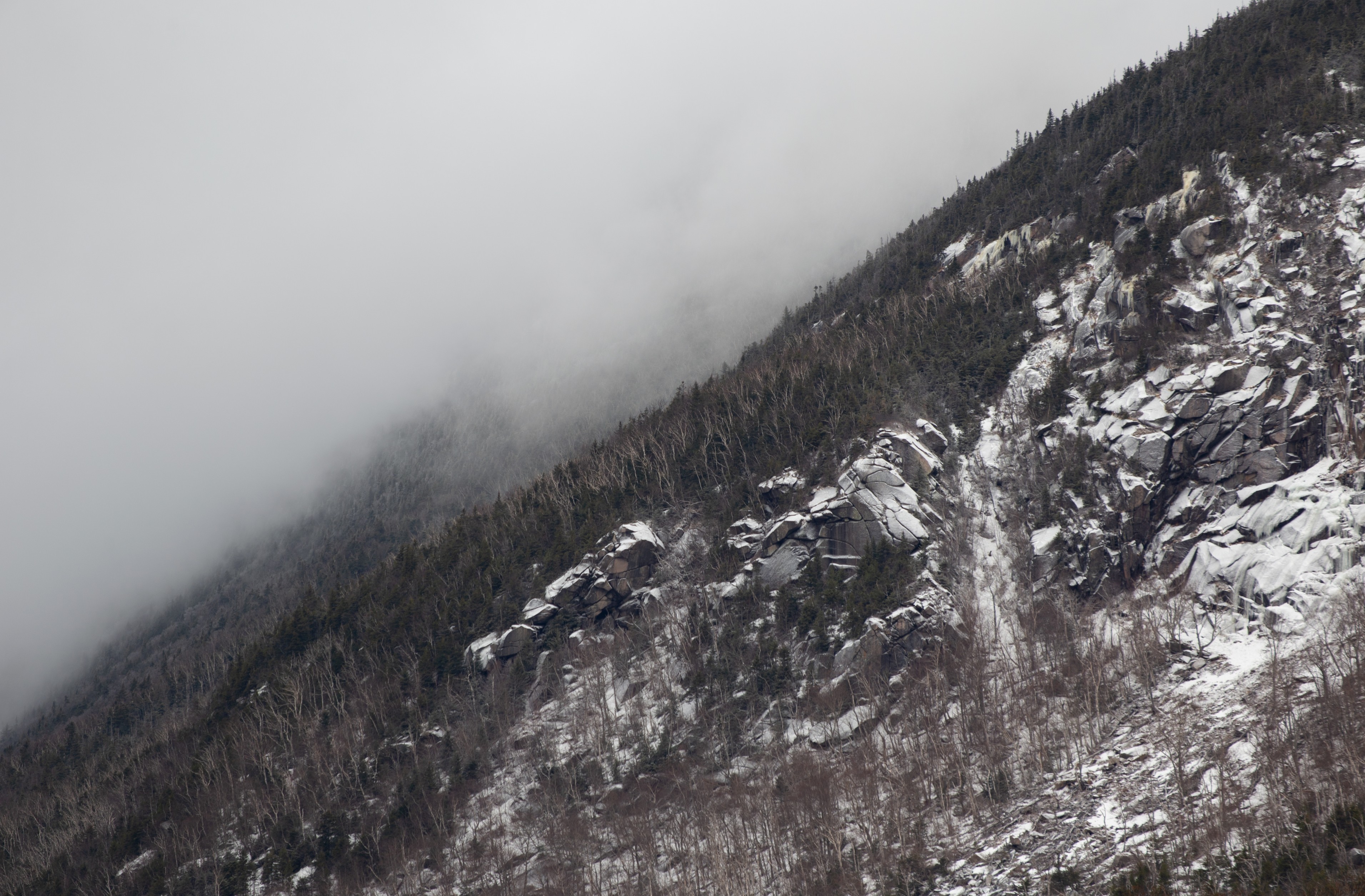 Download 3823x2510 Foggy Mountain, Cold, Rocks, Field, Plants, Mist