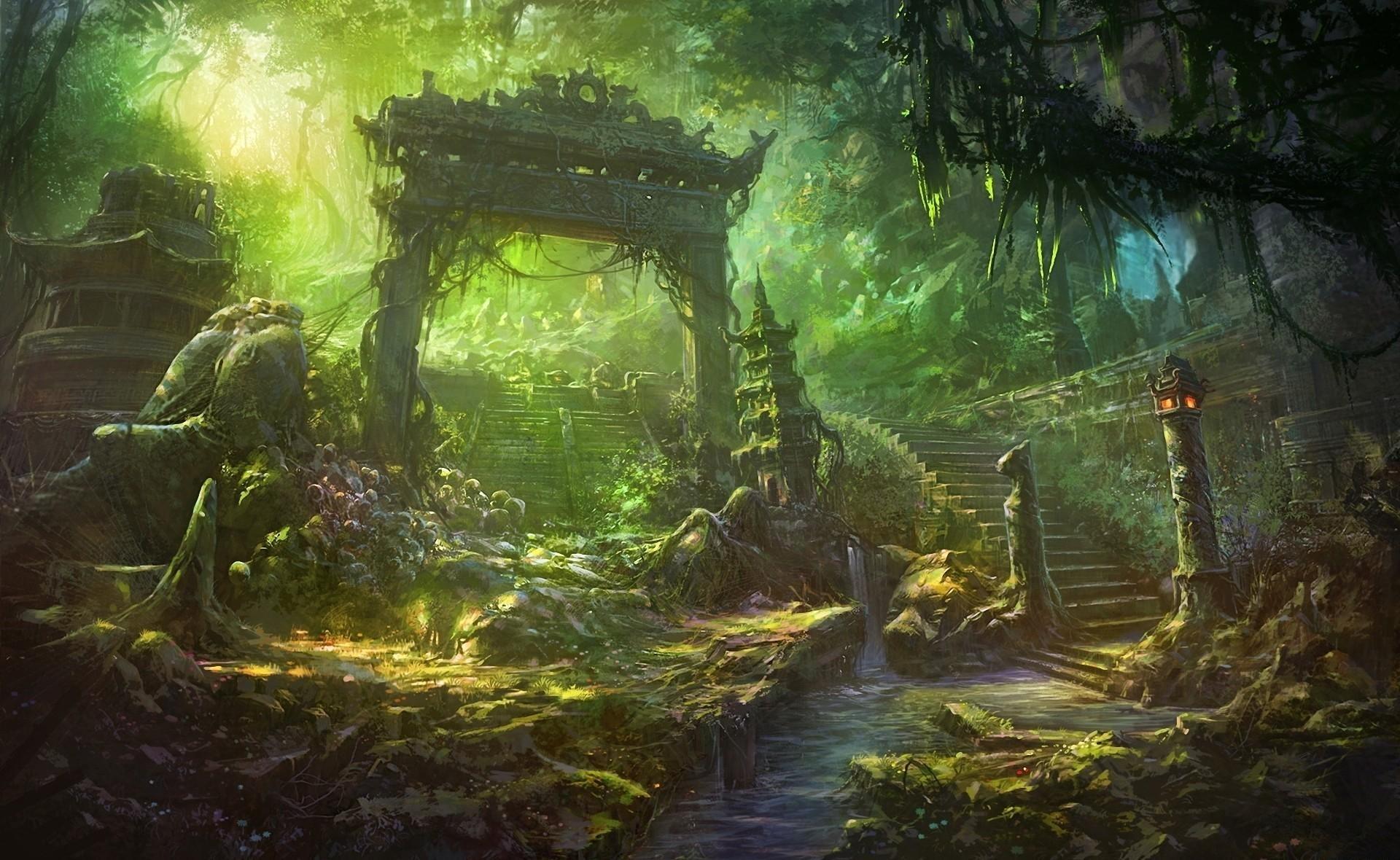 fantasy, Art, Temple, Trees, Forest, Jungle, Landscapes, Decay