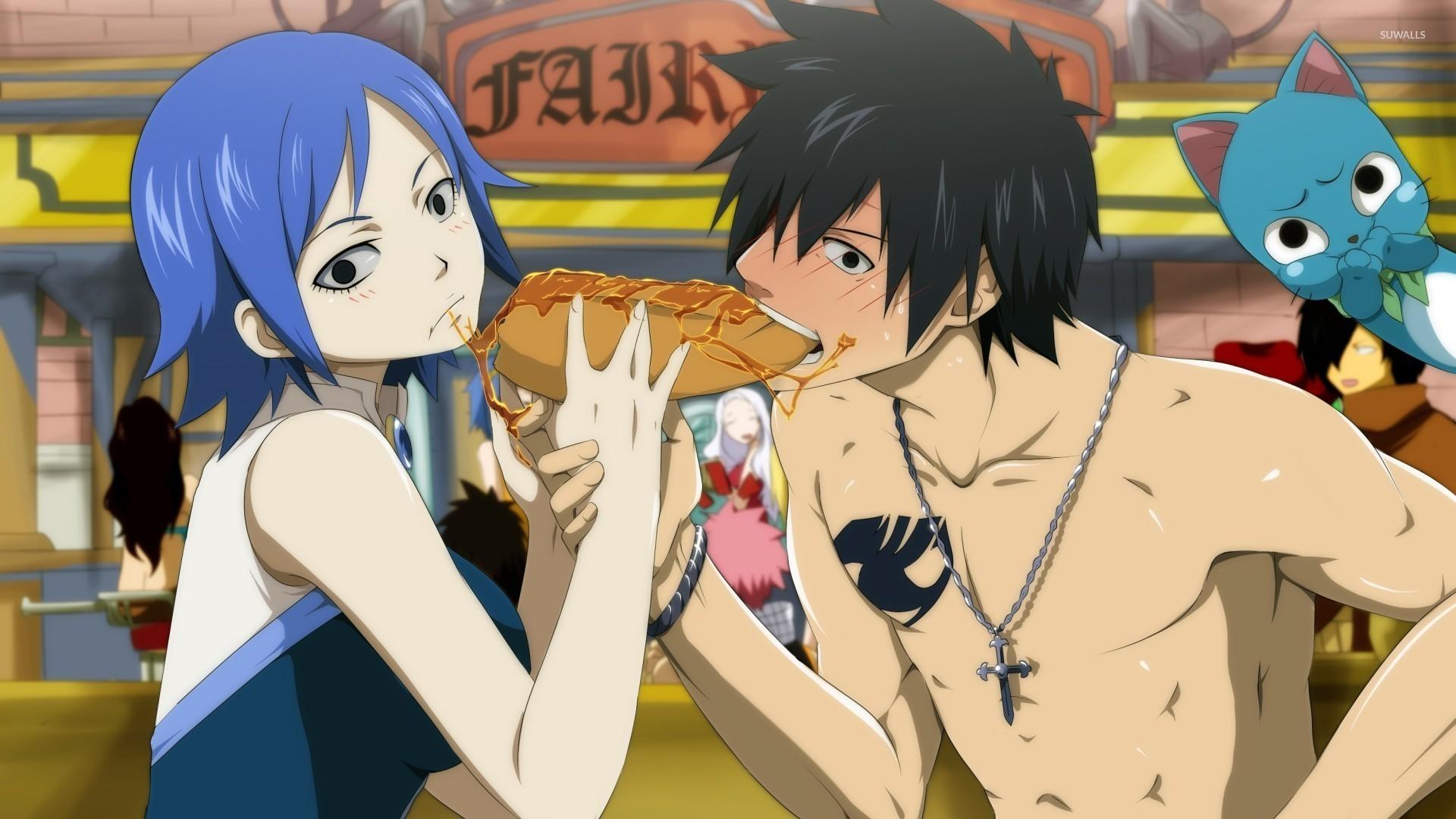 Gray and Juvia sharing a burger