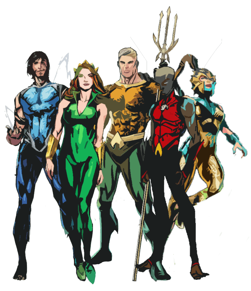 The Atlanteans: Garth (1st Aqualad Tempest), Mera, Aquaman, Kaldur