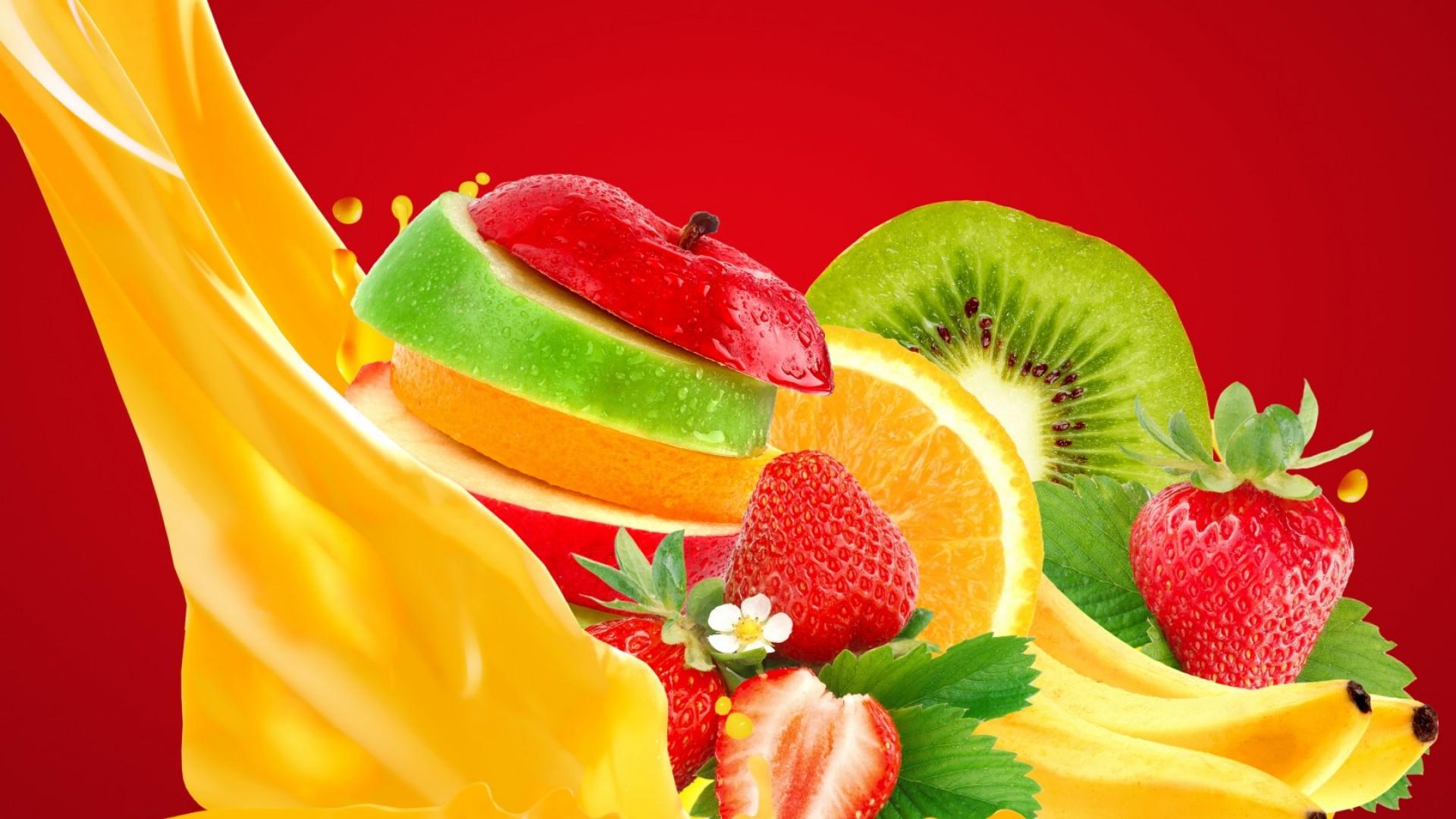 Wallpaper apple, banana, strawberry, orange, juice, Food