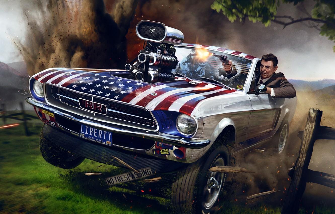 Wallpaper the explosion, gun, Ford Mustang, art, Ronald Reagan
