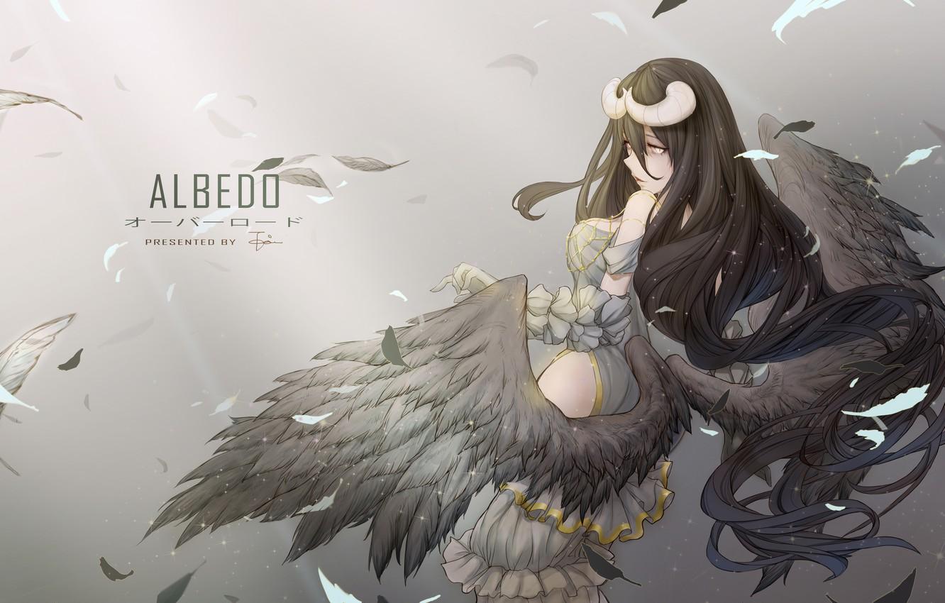 Wallpaper girl, wings, anime, feathers, art, horns, albedo, overlord