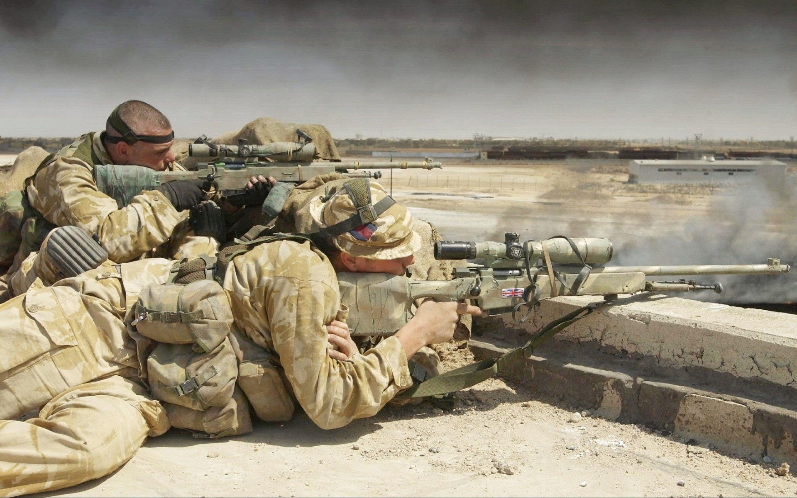 Scots Guards sniper & other British Armed forces sniper on a rooftop