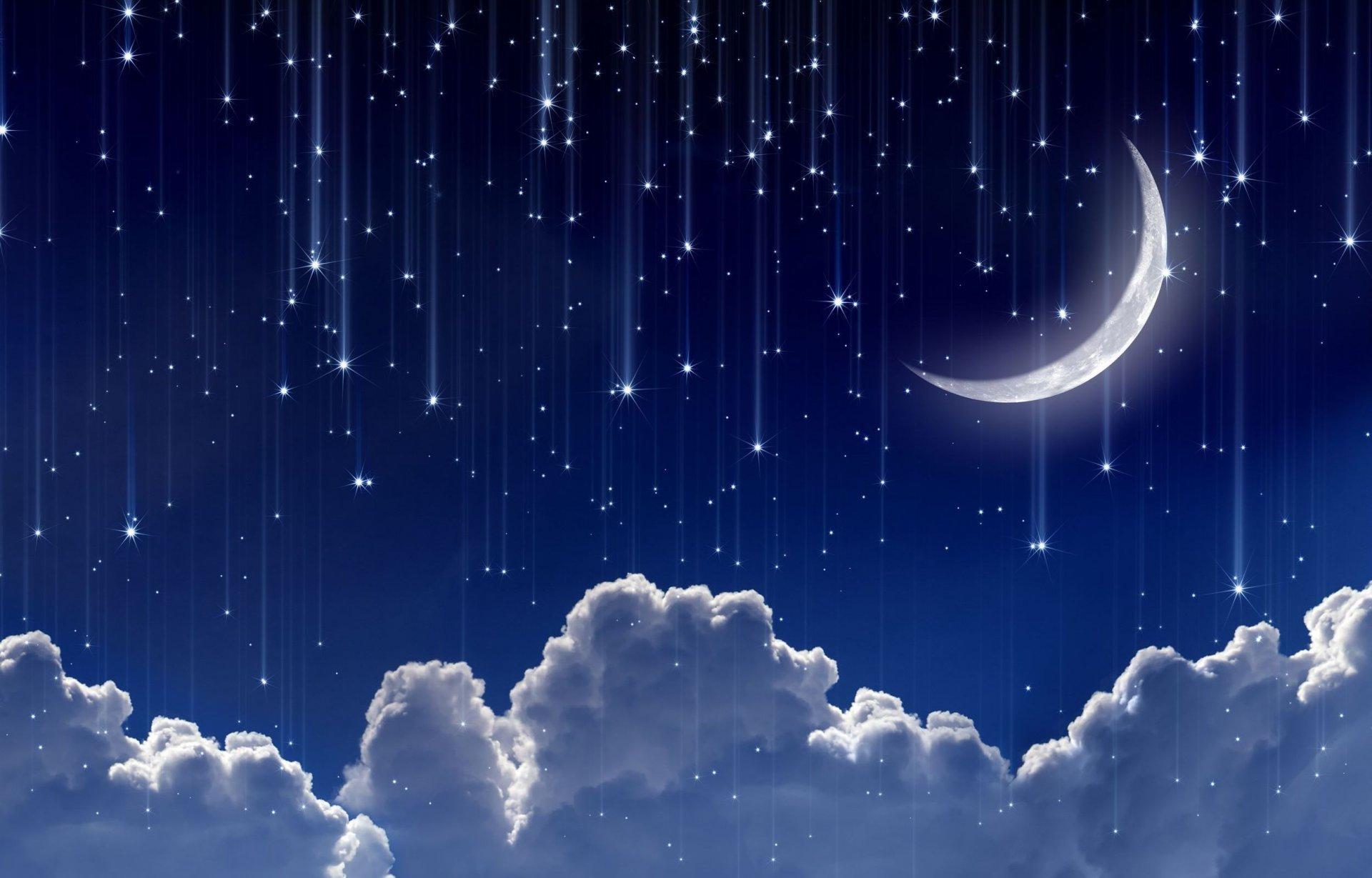 space moon year crescent sky clouds star stars lights night