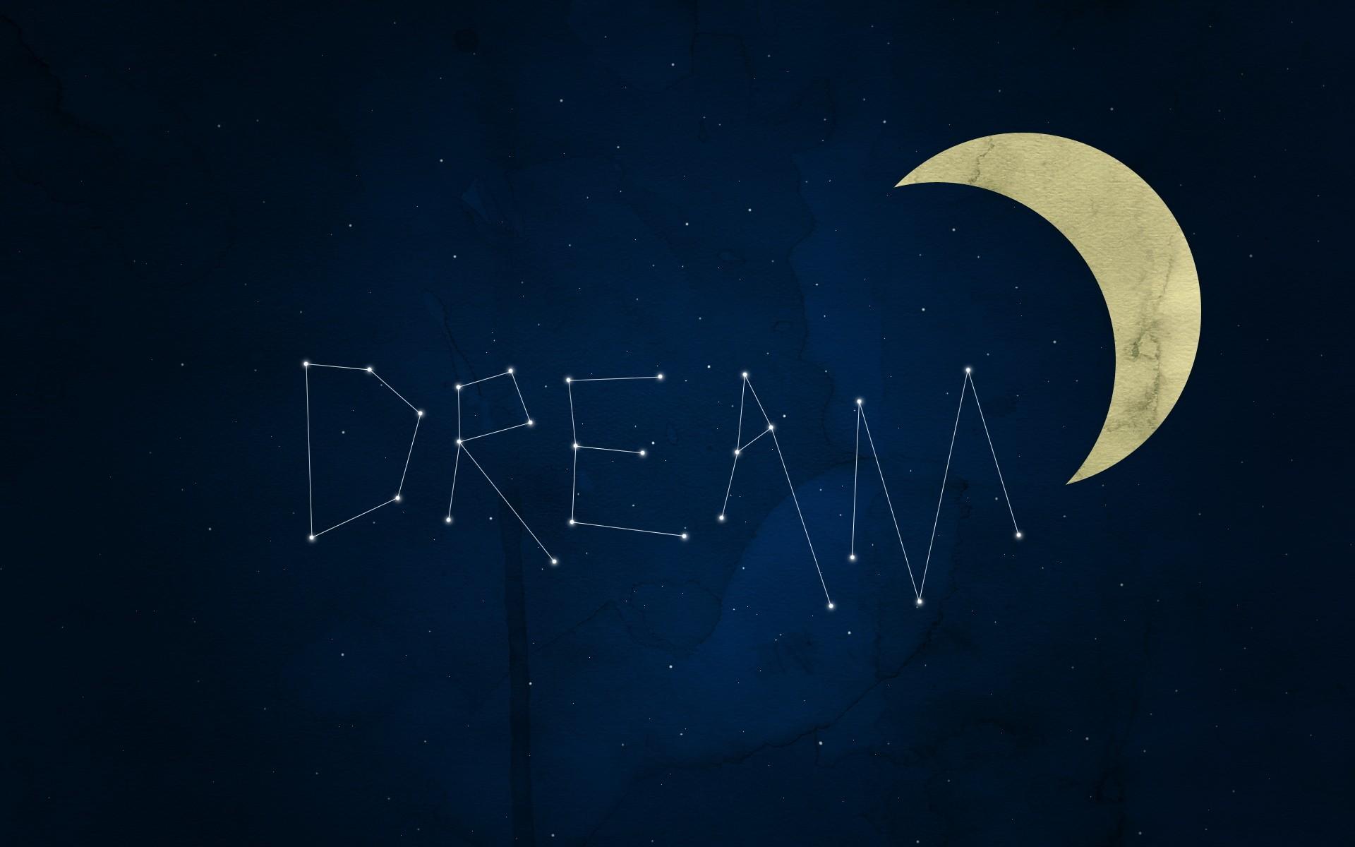 typography, dreams, night sky, Constellations, crescent moon