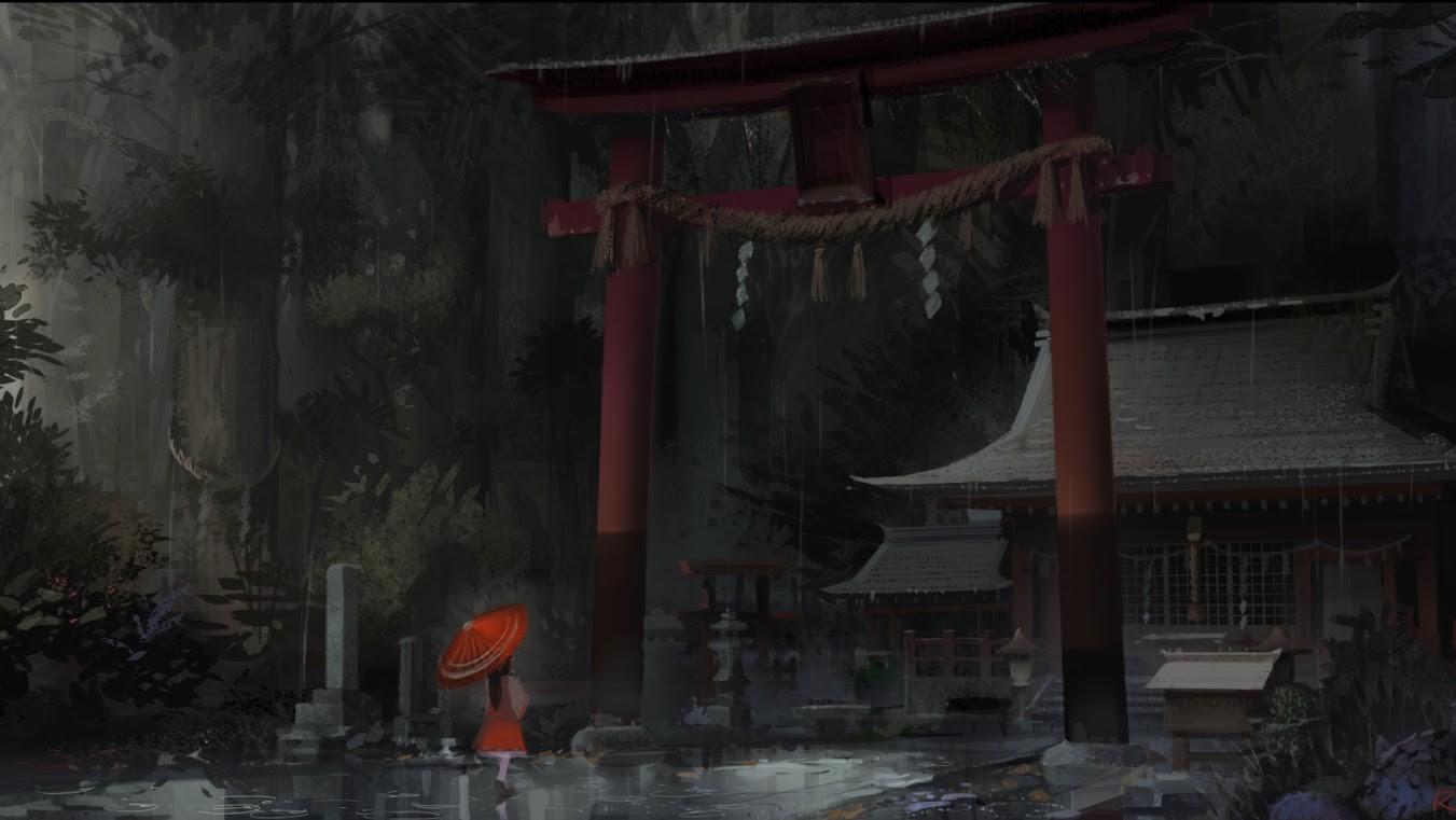 Japan, Touhou, rain, storm, shrine, umbrellas, torii gate