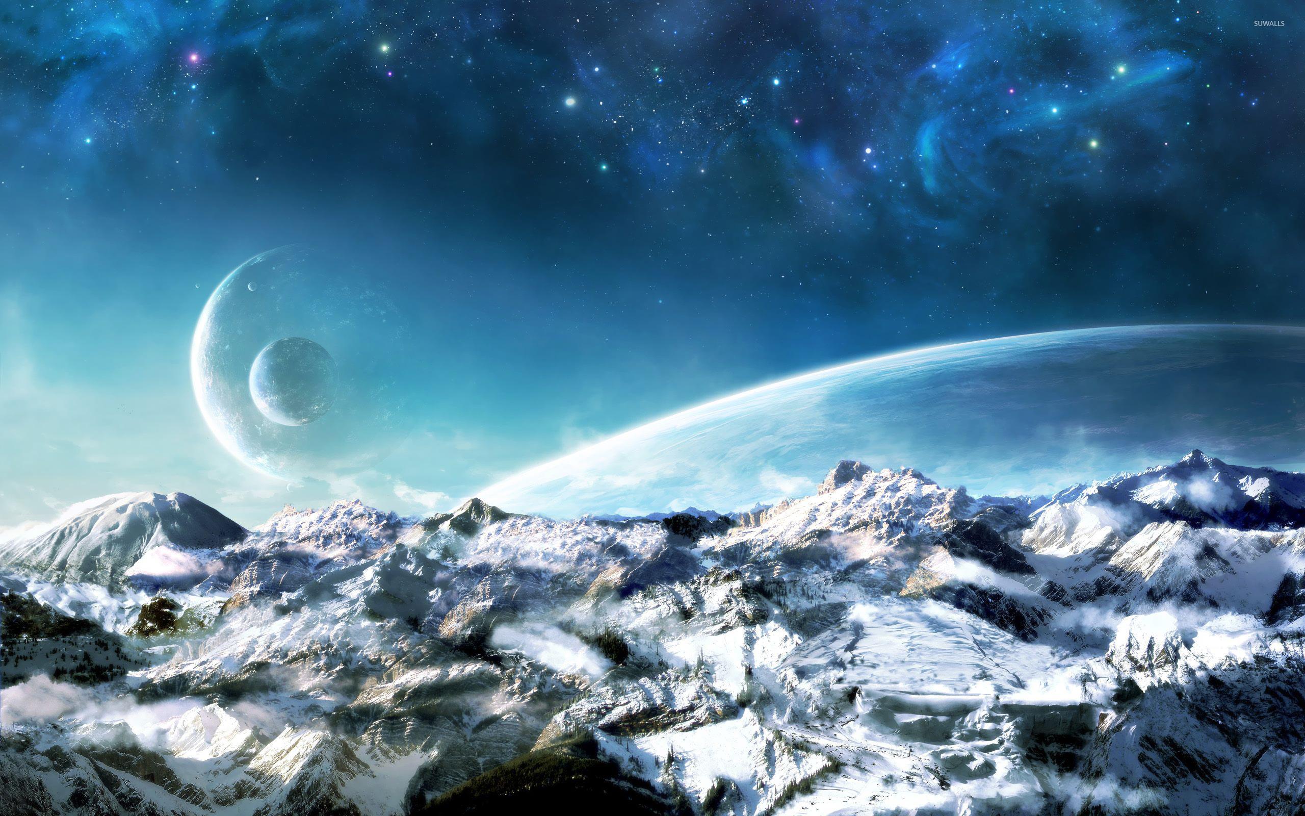 Planets over the snowy mountains wallpaper wallpaper