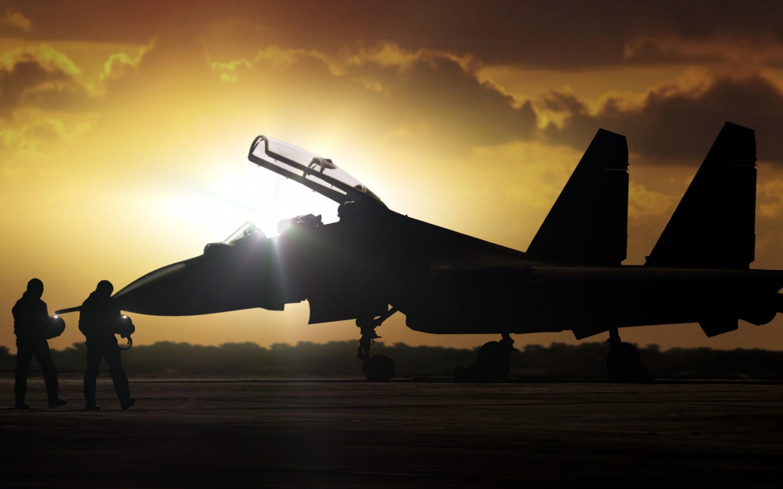 Wallpaper silhouette, plane, Su- fighter, dawn, airfield