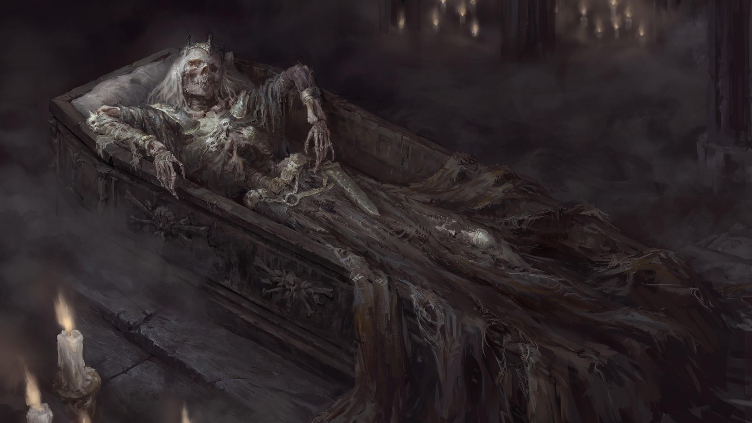 Download 2560x1440 Skeleton, Coffin, Horror, Scary, Crown