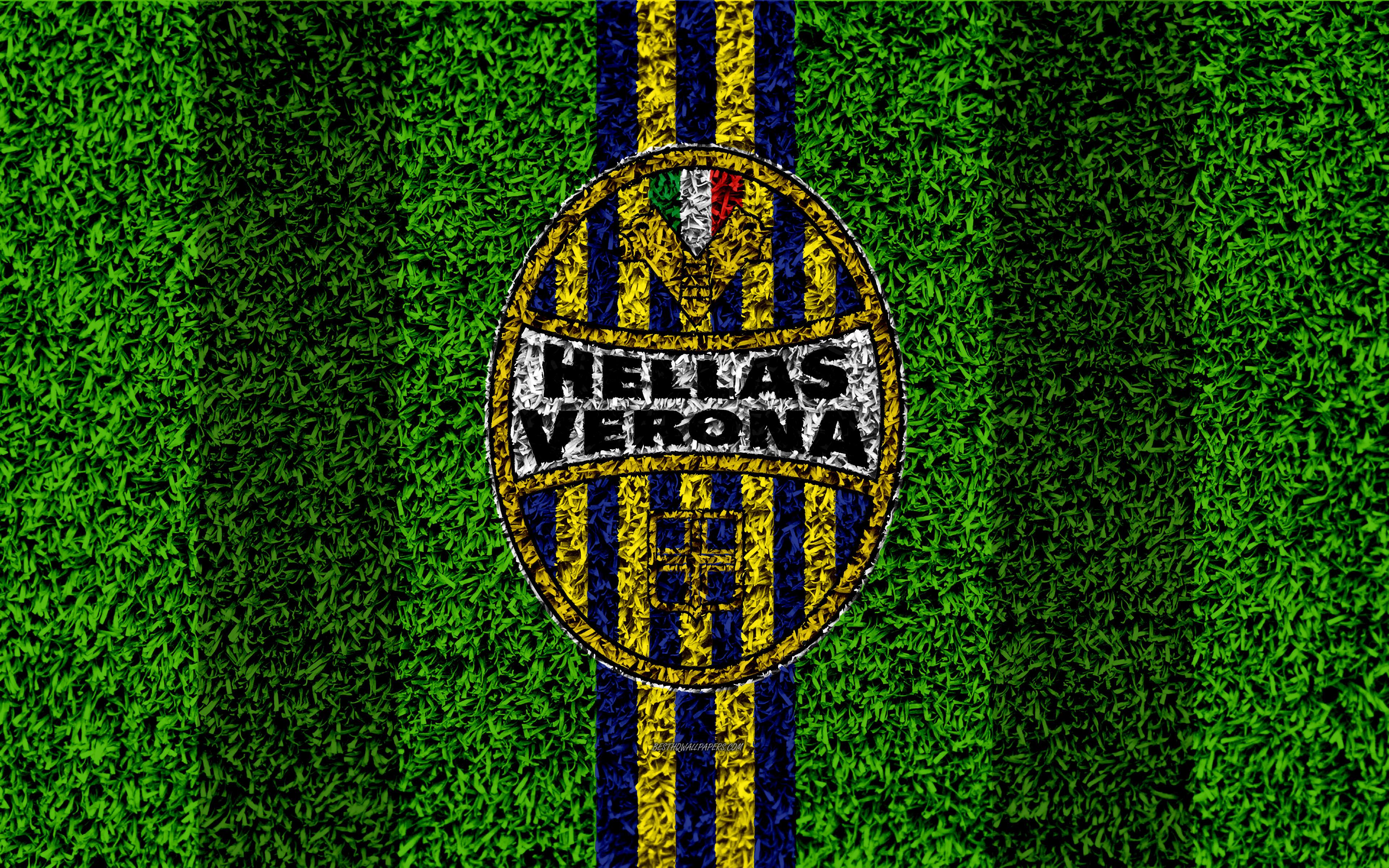 Download wallpaper Hellas Verona FC, 4k, logo, football lawn