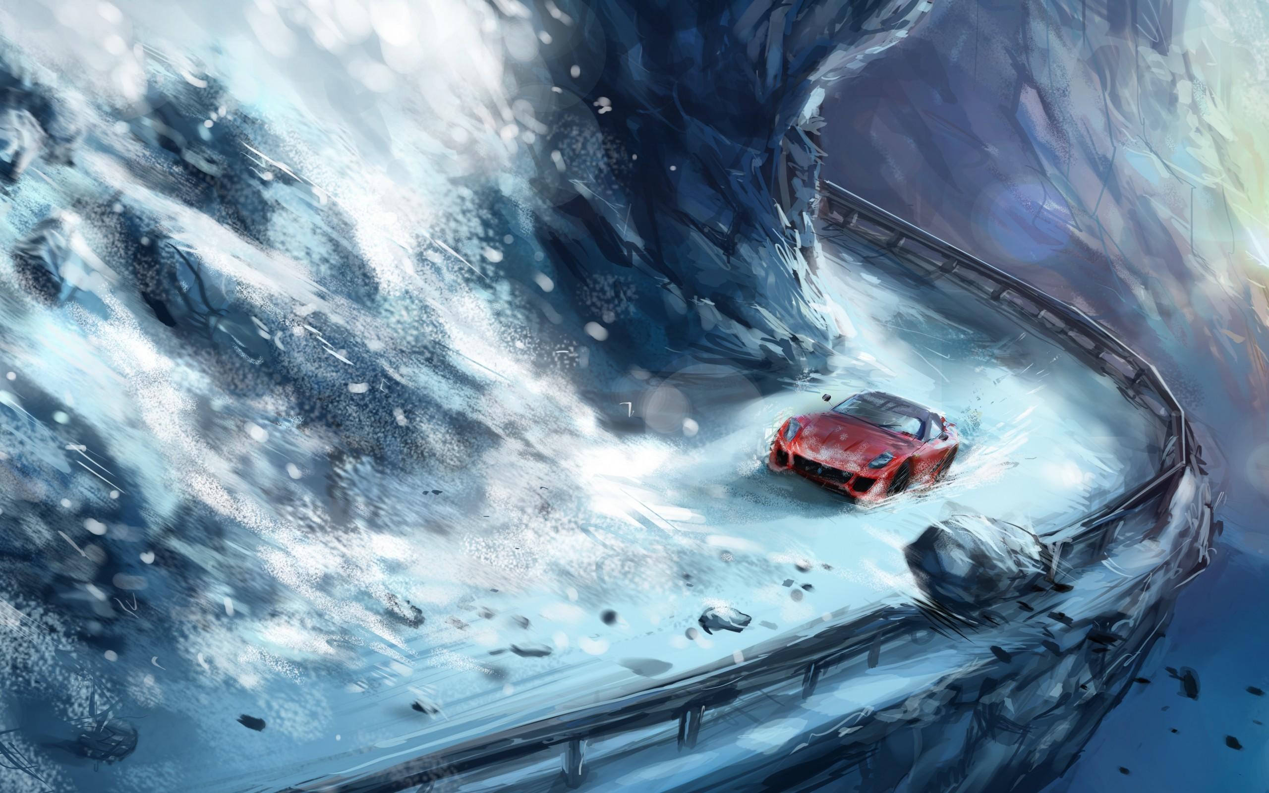 snow, cars, digital art, Avalanche wallpaper