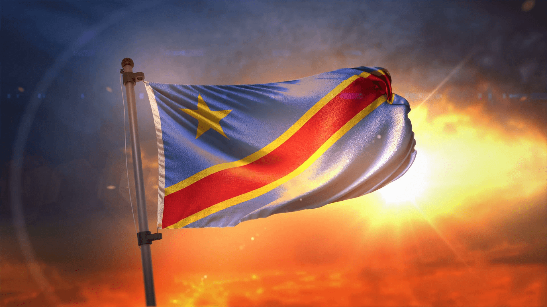 Democratic Republic of the Congo Flag Backlit At Beautiful Sunrise