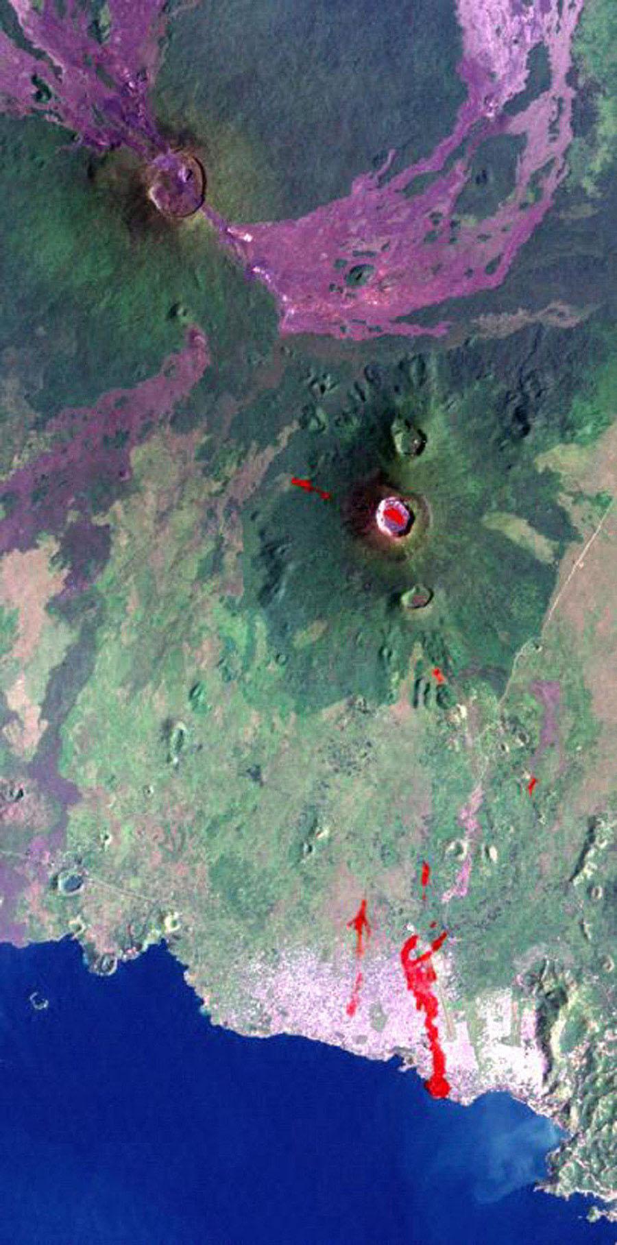 Space Image. Nyiragongo Volcano, Congo, Map View with Lava