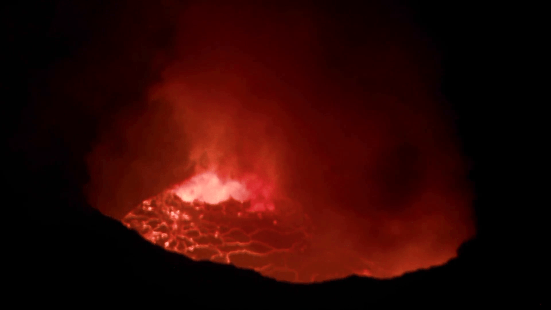 The Nyiragongo volcano erupts at night in the Democratic Republic