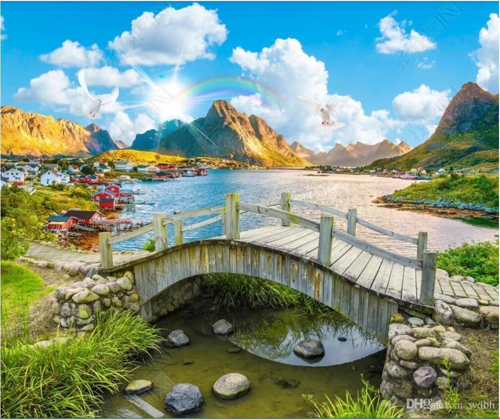 3D wallpaper custom photo Extremely beautiful landscaped lake scenery wooden bridge landscape frameless painting wallpaper for walls 3 d
