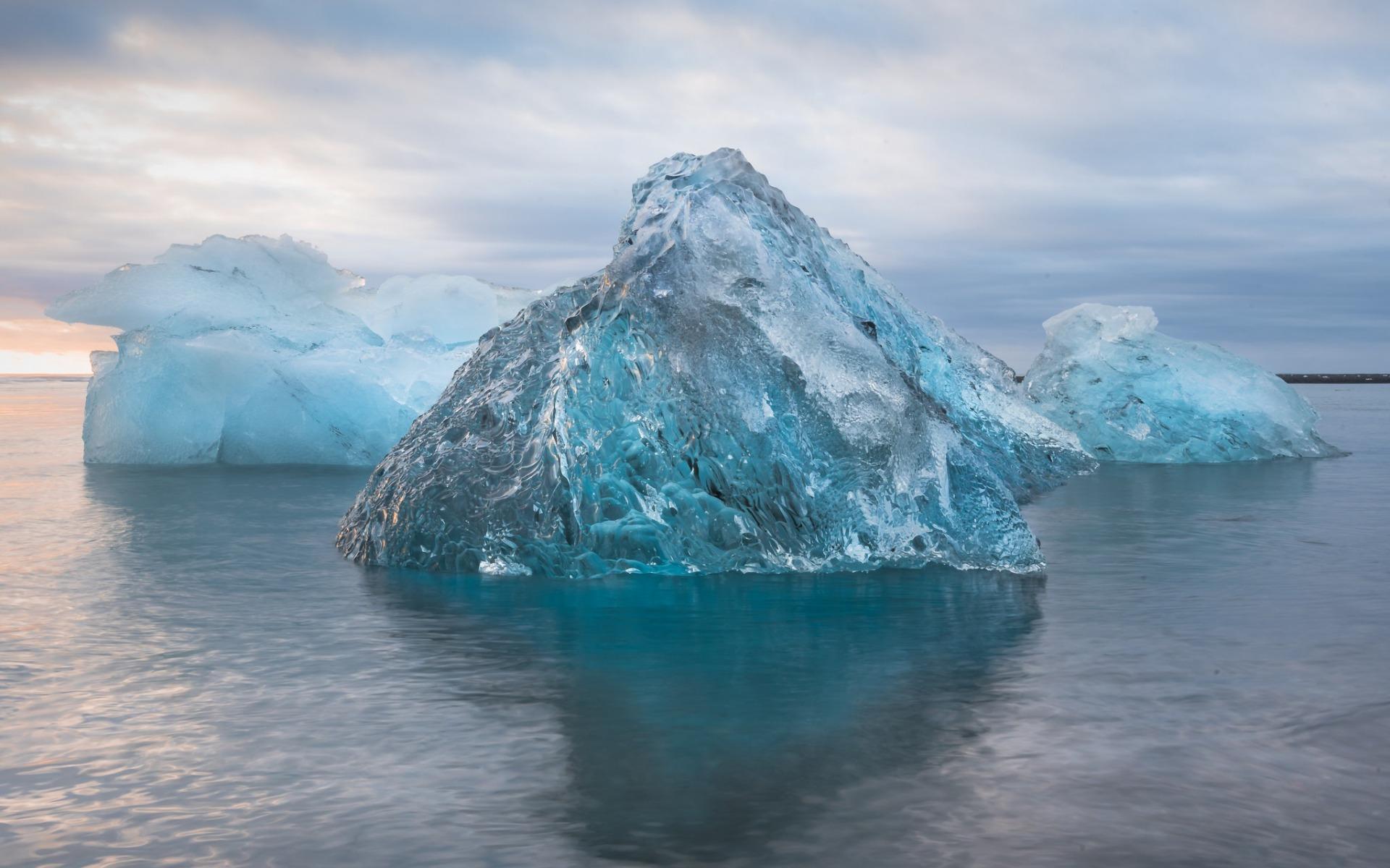 Download wallpaper Icebergs, Antarctica, sunset, sea, south pole