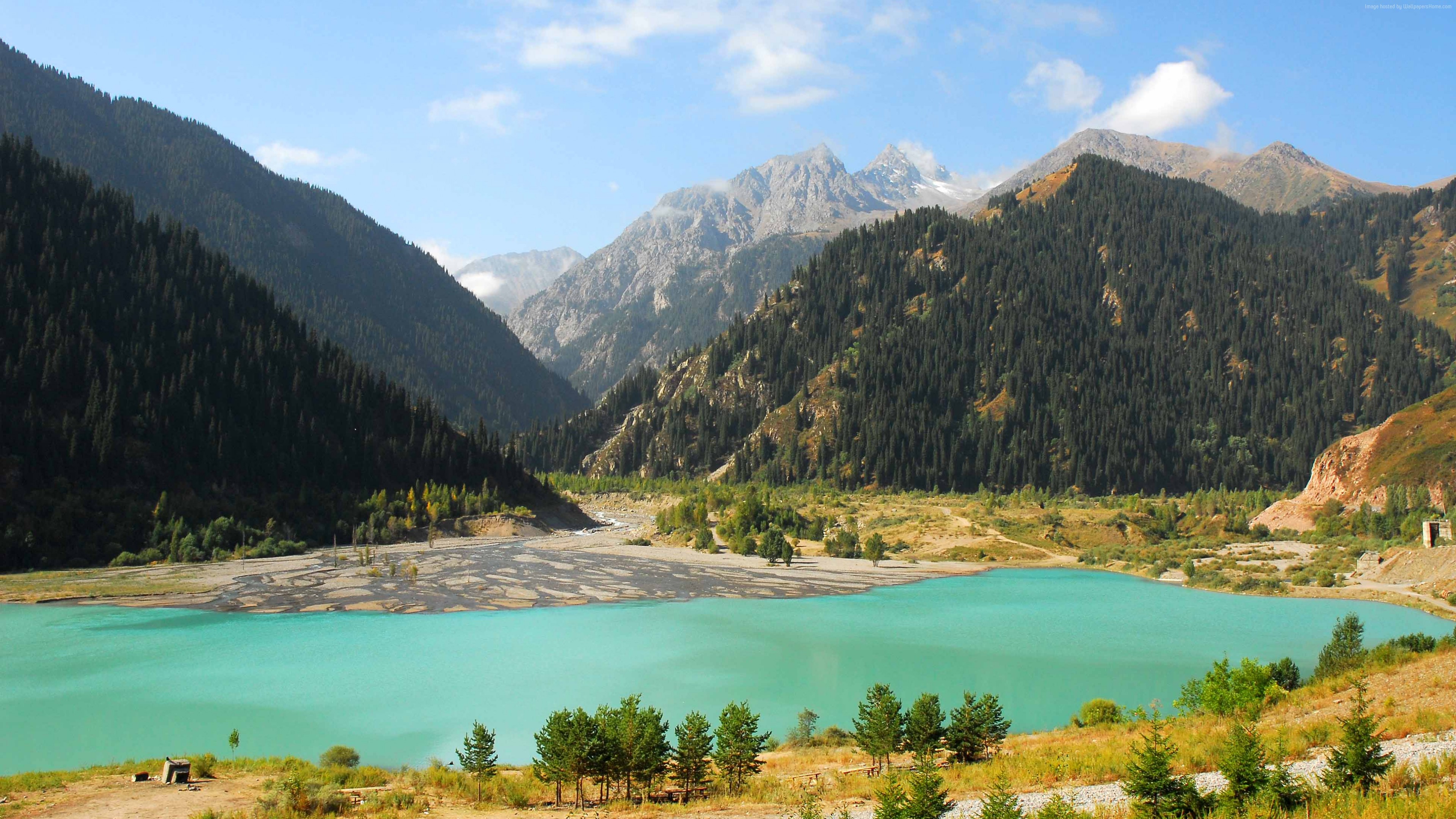 Wallpaper Lake Issyk Kul, Kyrgyzstan, Mountains, Forest, 4k, Travel