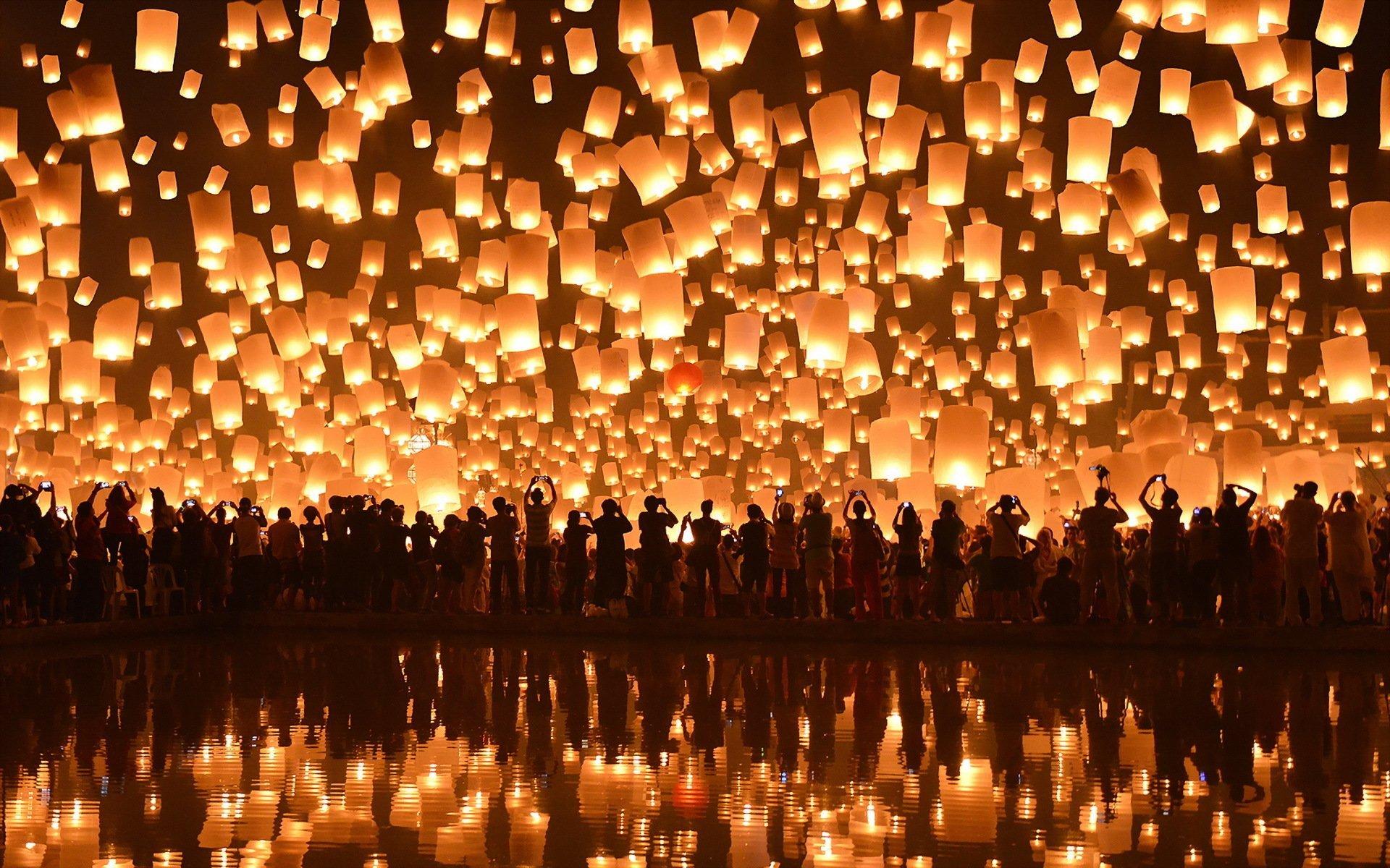 floating lanterns loi krathong festival chiang mai HD wallpaper