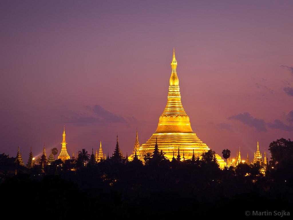 Golden Shwedagon Pagoda in Yangon at Dawn Myanmar Burma