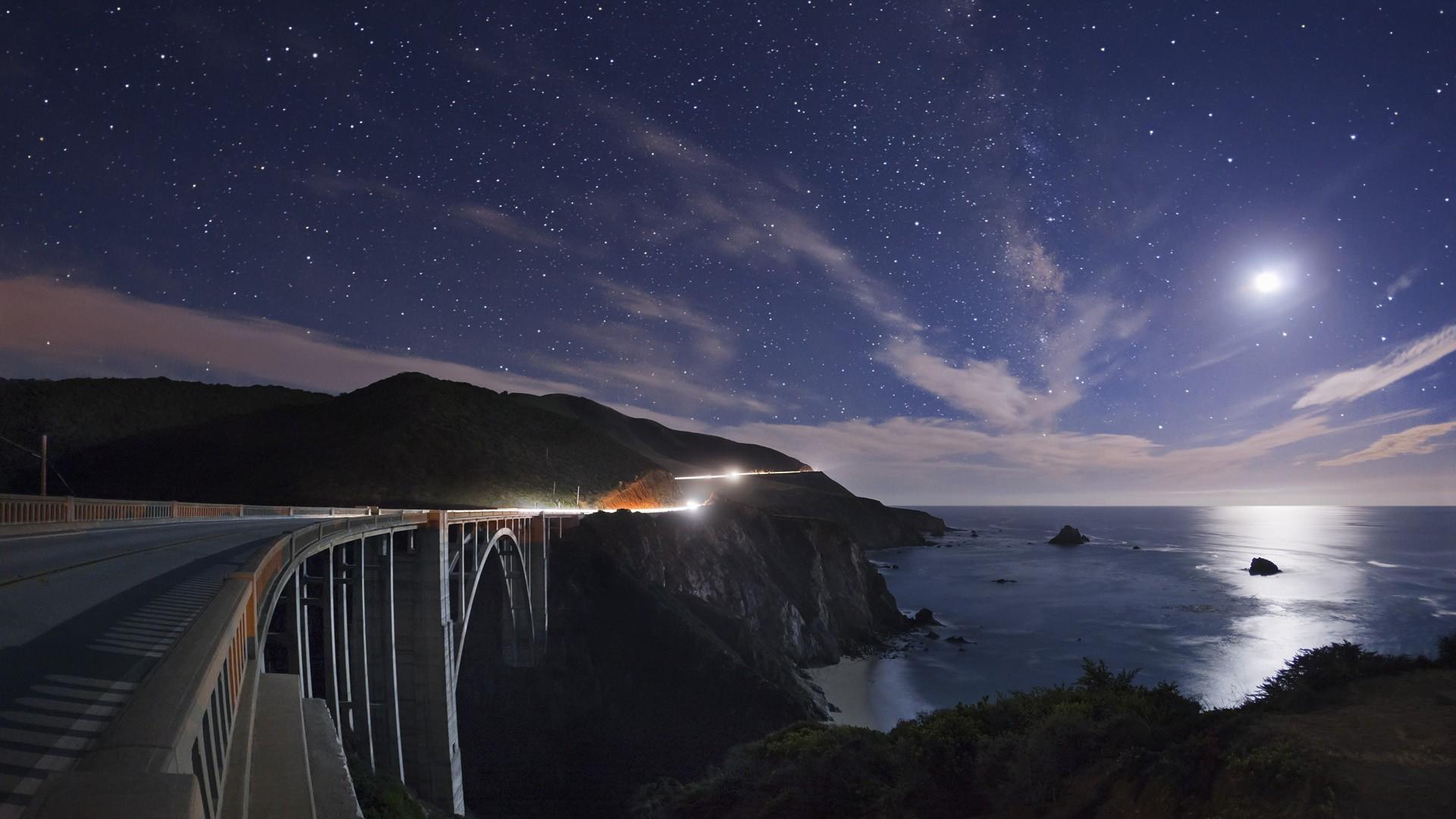 light, ocean, stars, Moon, California, roads, night sky wallpaper