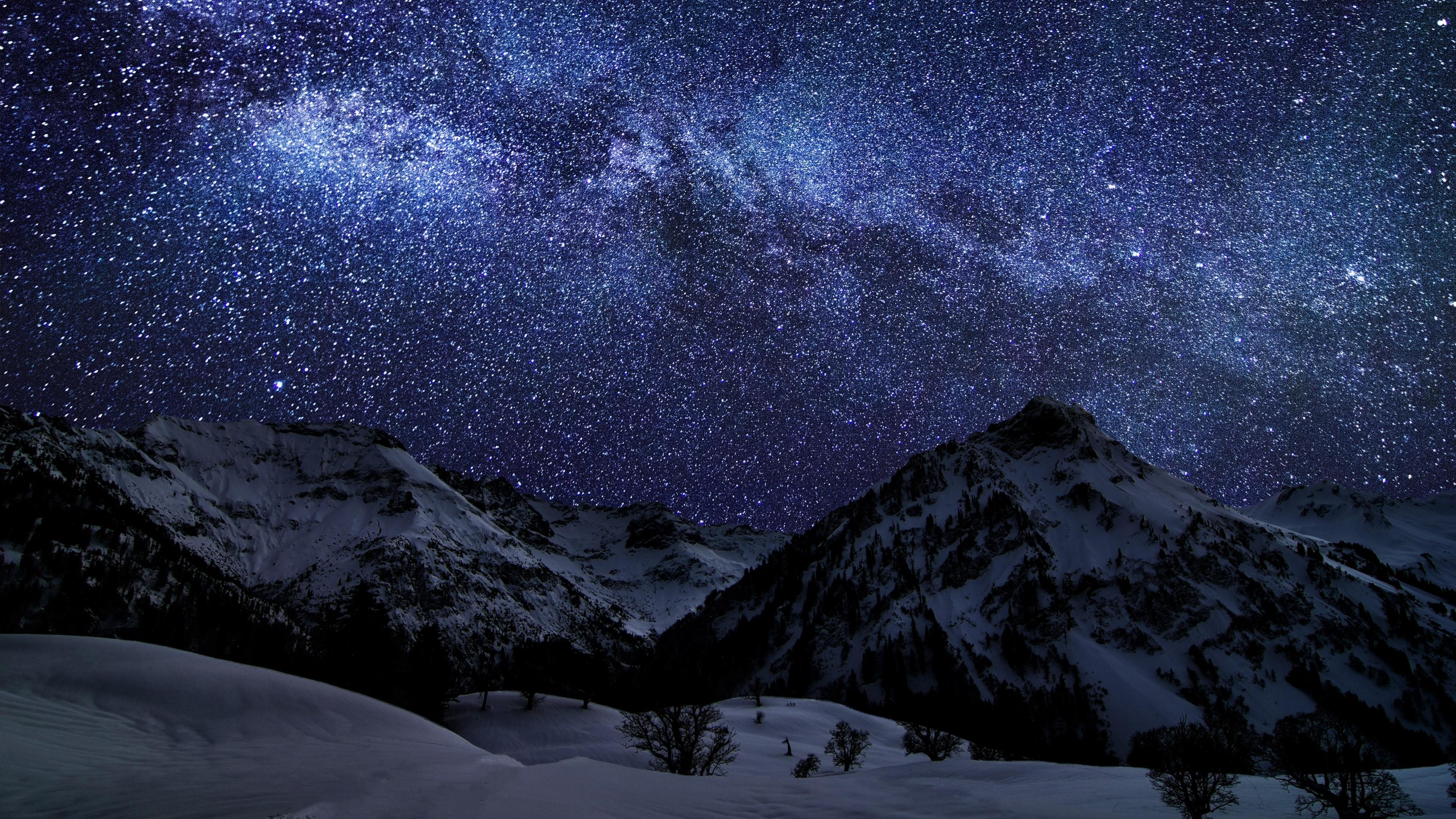 Wallpaper night sky, earth, sky, snow, stars, night, sea, mountain