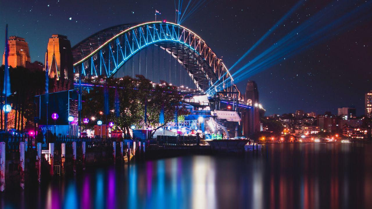 Wallpaper Sydney Harbour Bridge, Night, Reflections, Cityscape
