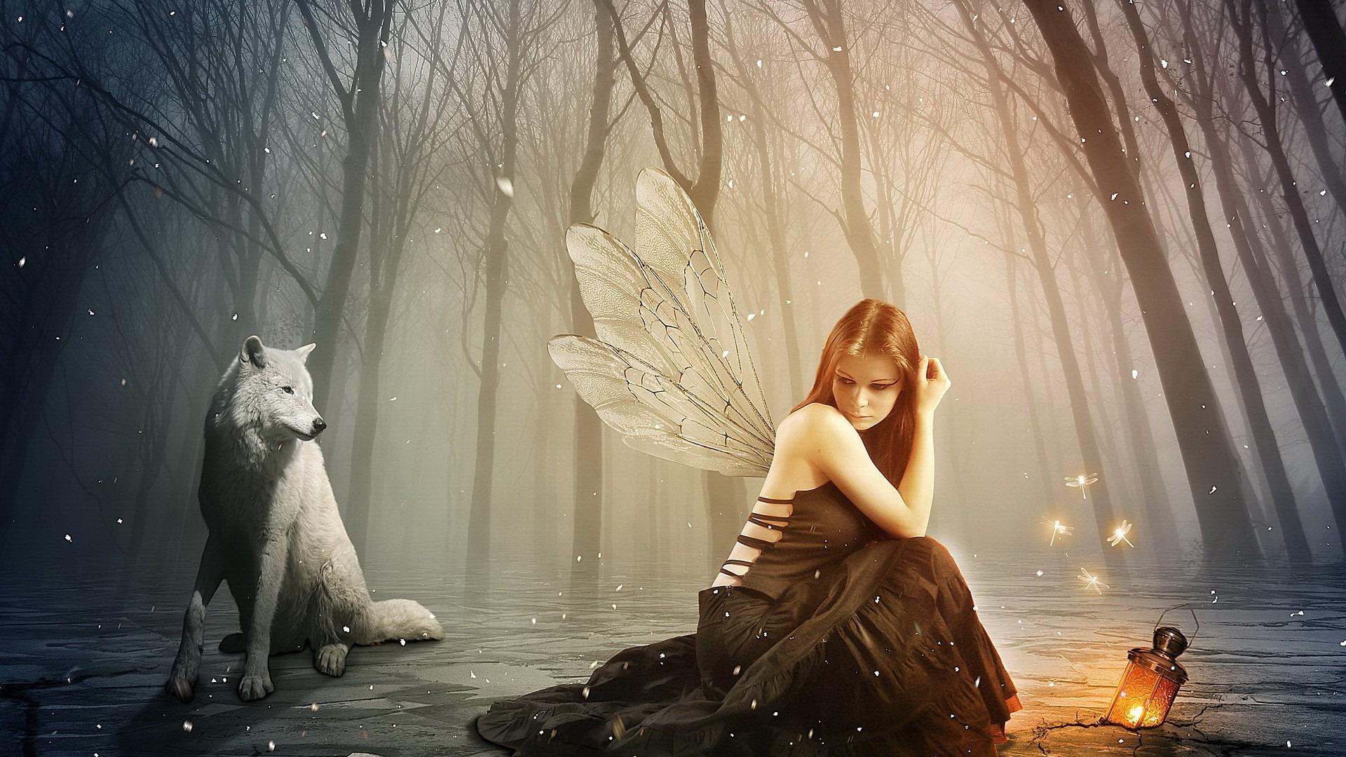 Beautiful Girl With Wings And Wolf Wallpaper 12457