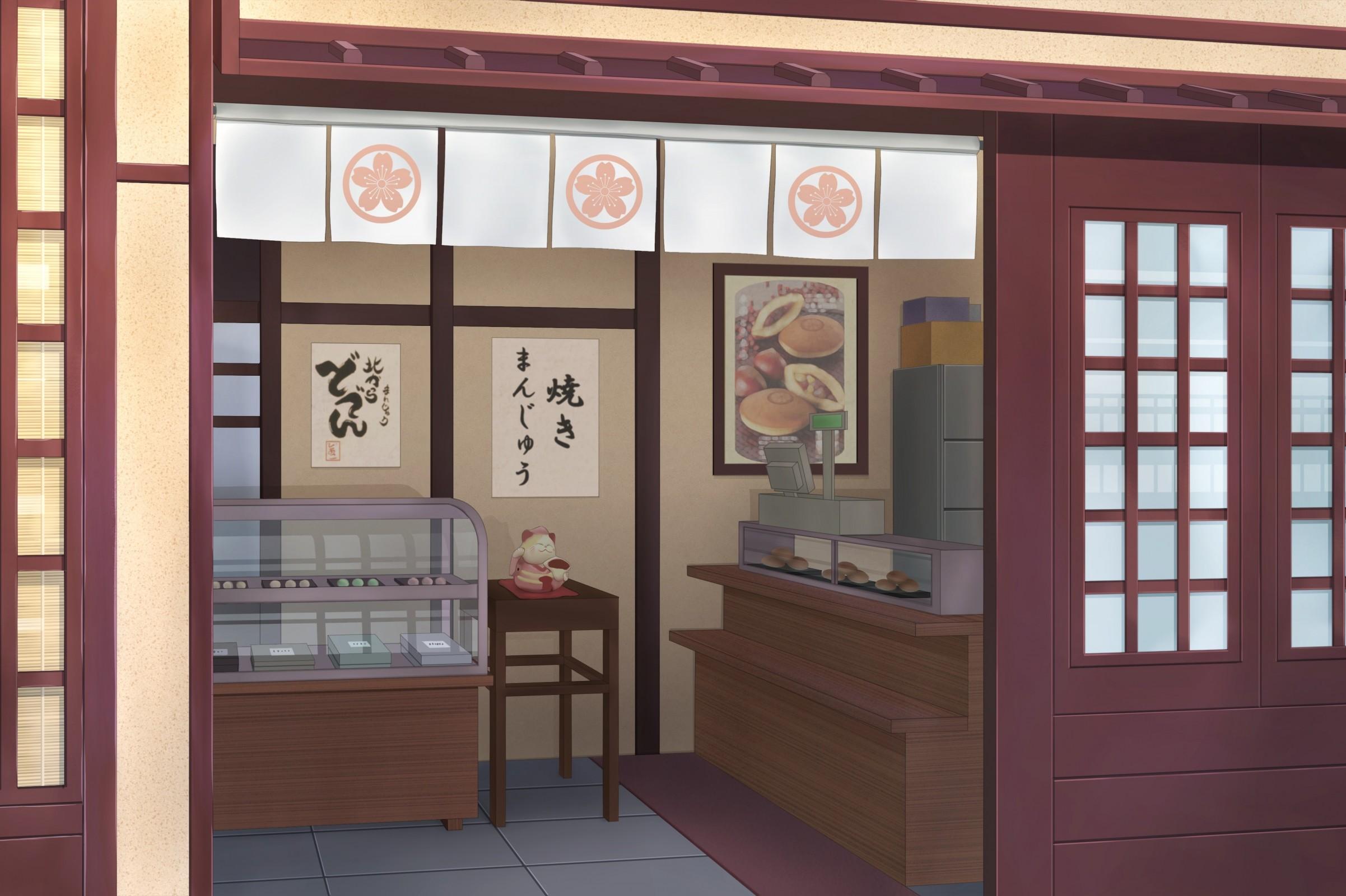Download 2403x1600 Anime Shop, Bakery, Food, Building Wallpaper