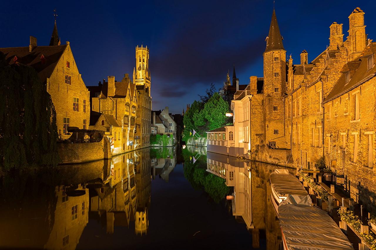 Wallpaper Belgium Bruges Canal Night Cities Houses