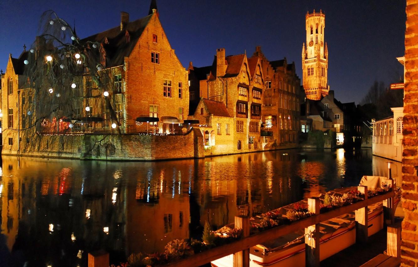 Wallpaper the city, lights, the evening, Bruges, Bruges