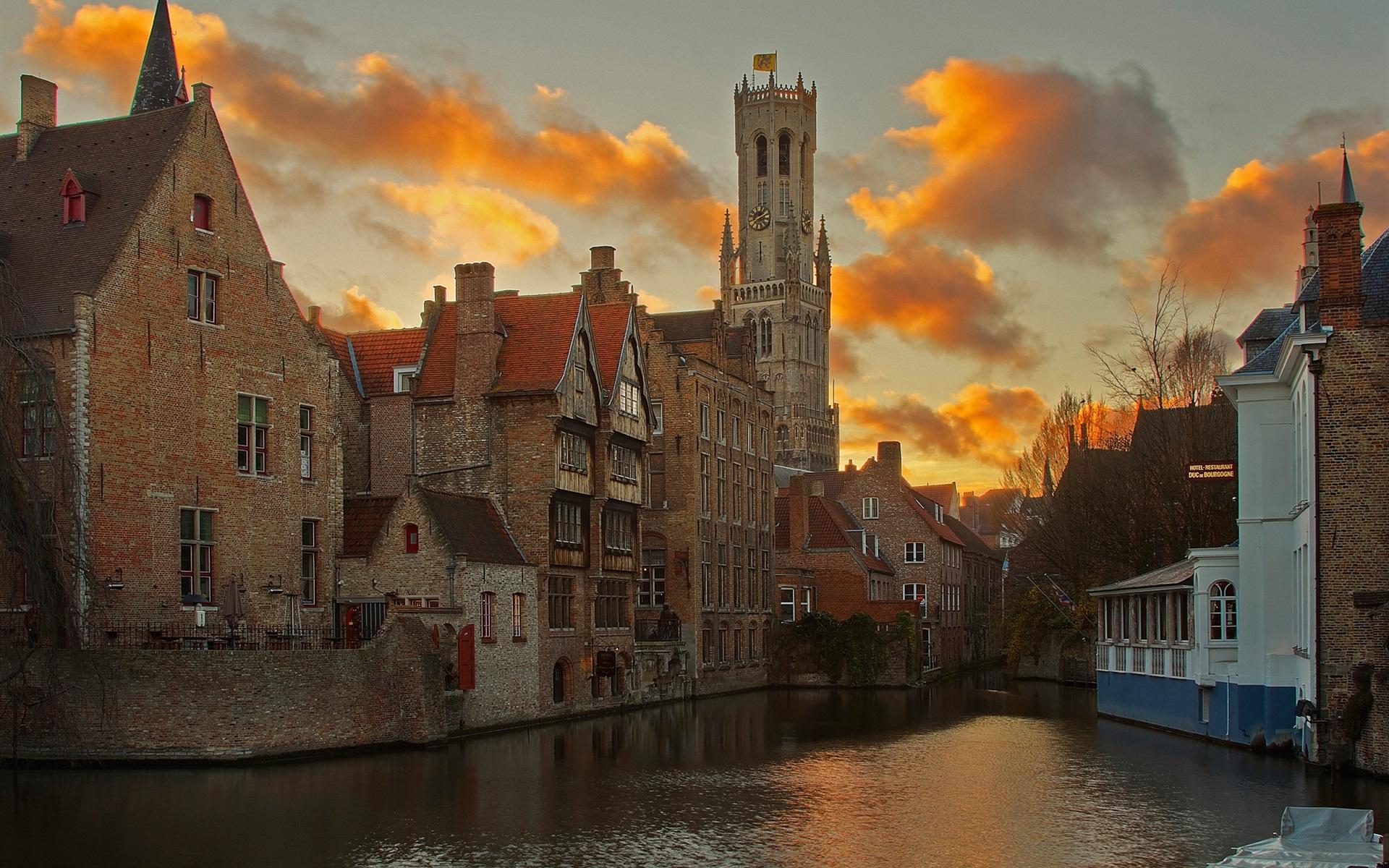 Wallpaper Bruges, Belgium, river, houses, clouds, dusk 1920x1200 HD